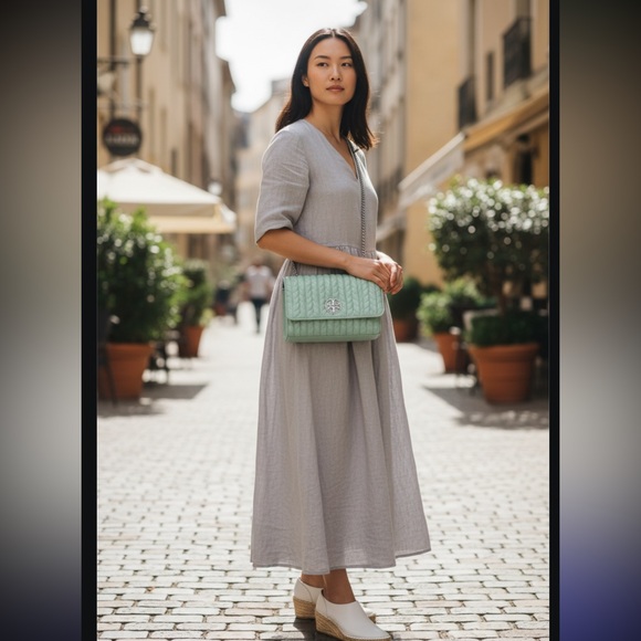 💚 Tory Burch - Mint Green Kira Ruched Small Convertible Shoulder Bag 👝 - Picture 3 of 12